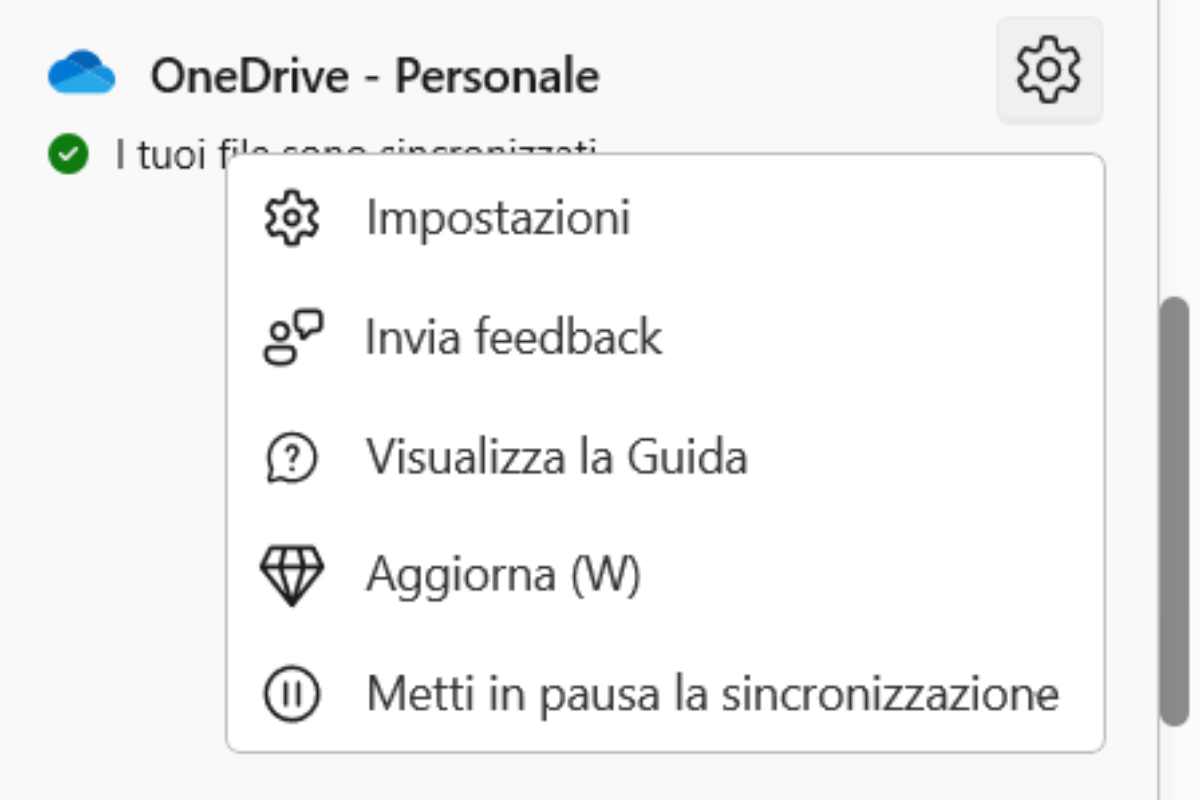 la schermata per mettere in pausa sincronizzazione onedrive