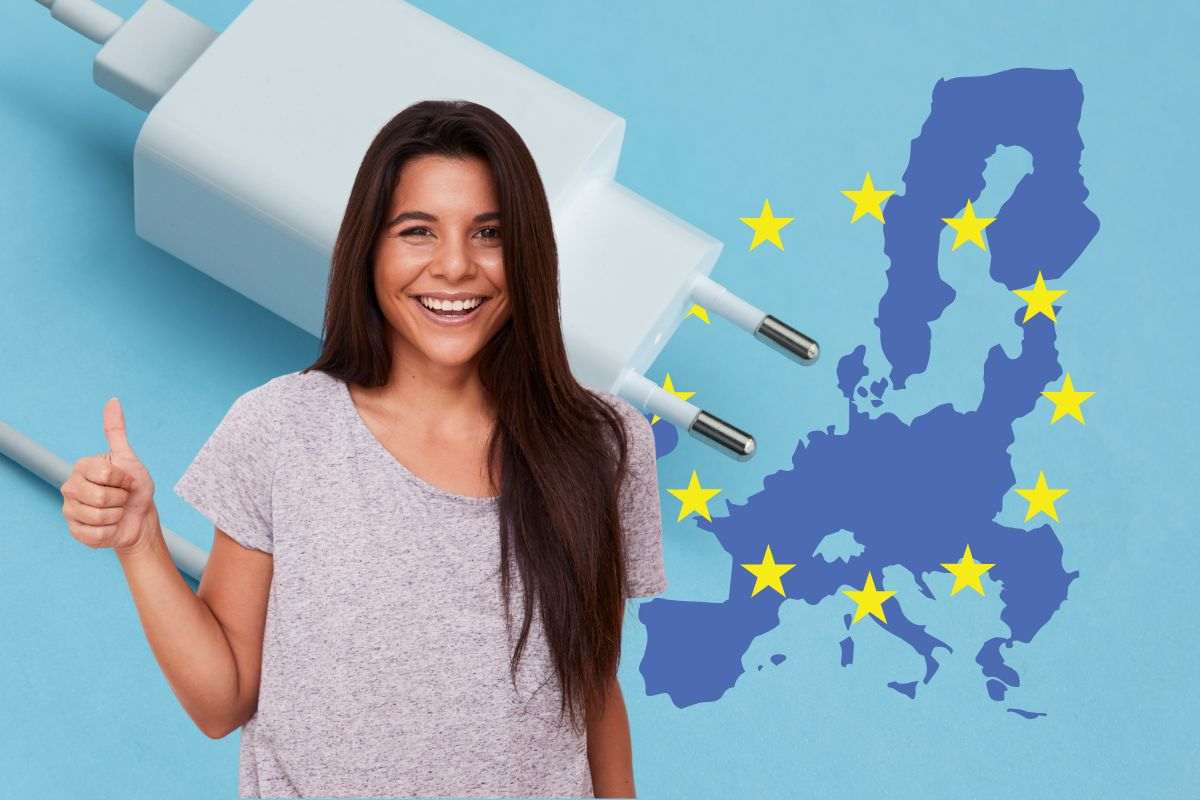 Ragazza sorride, alle sue spalle la UE