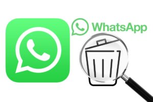 whatsapp logo, scritta cestino con lente ingrandimento