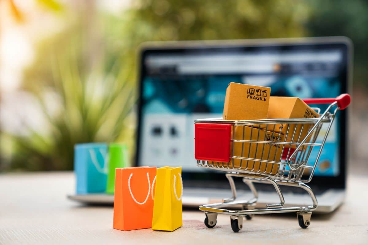 pc con pacchetti shopping e mini carrello spesa
