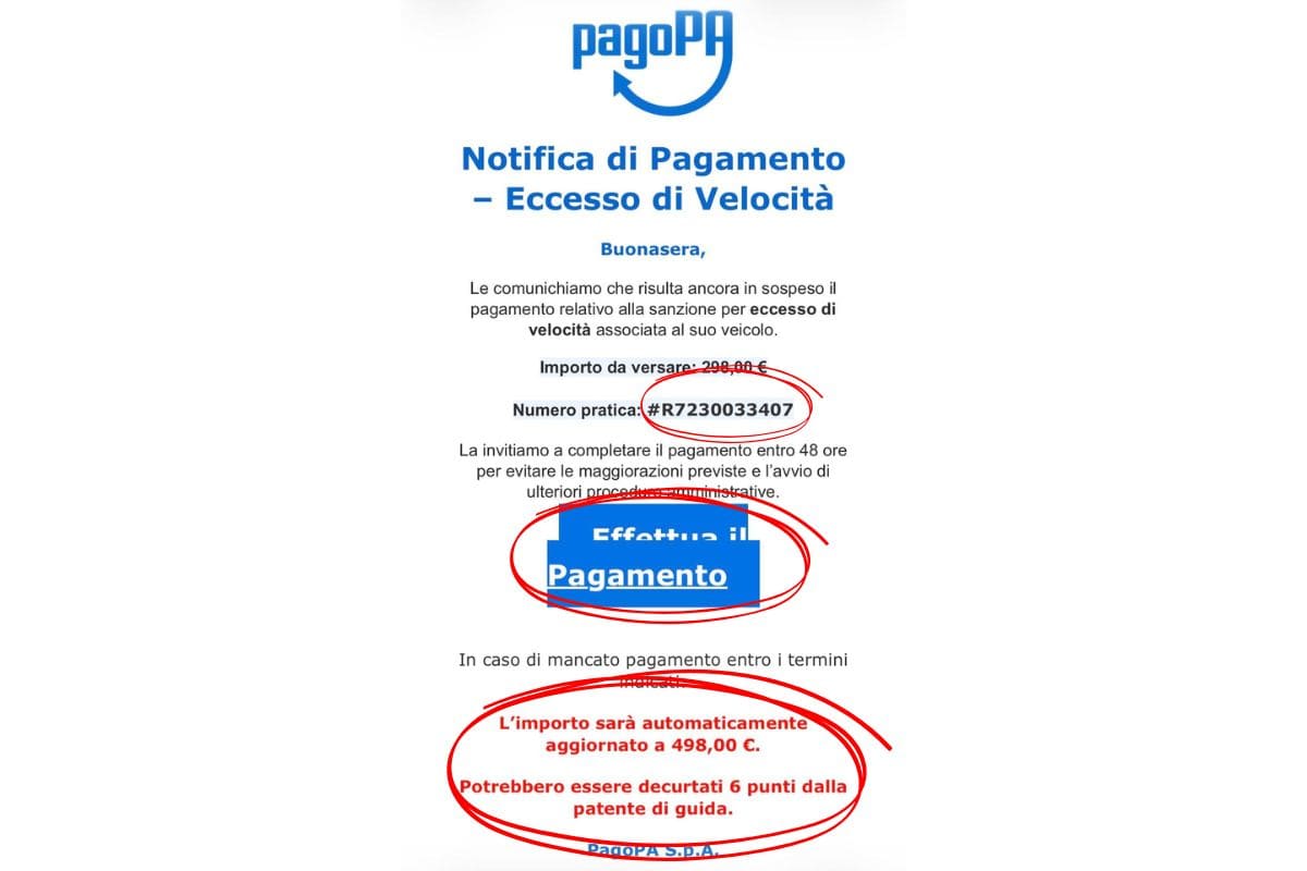 screen email truffa pagoPa multa per eccesso velocità