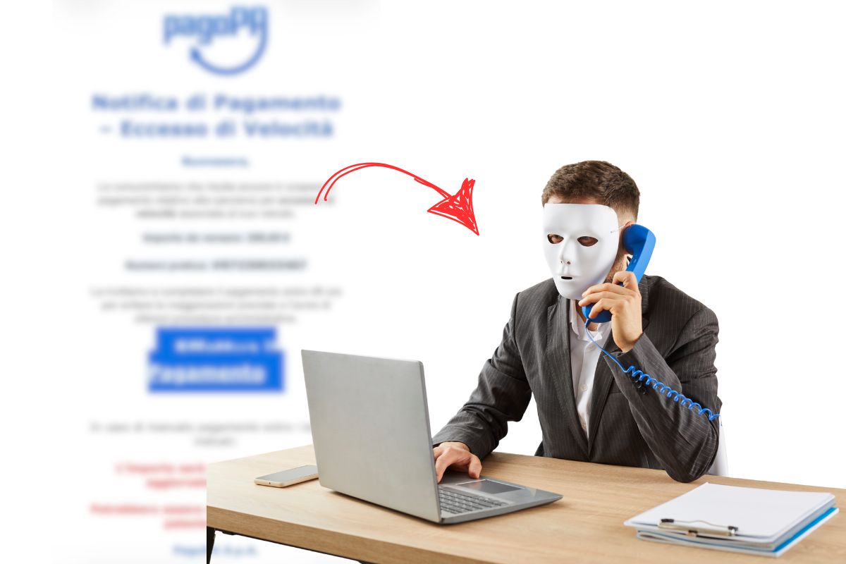 screen email truffa pixellata e hacker alla scrivania davanti pc con freccia rossa che lo indica