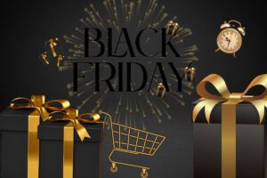 scritta black friday con pacchi neri e oro e carrello spesa e sveglia