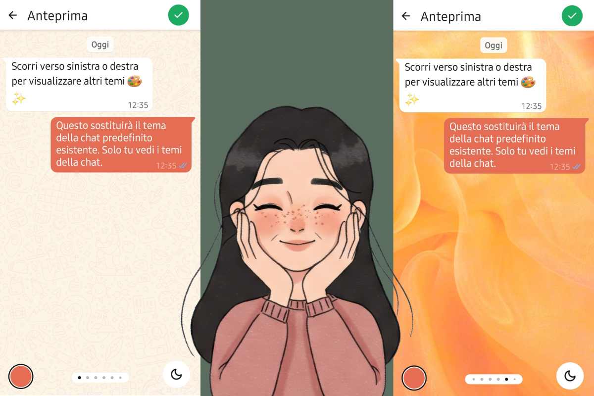 screenshot whatsapp modalità autunno e grafica ragazza felice