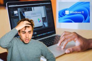 pc logo windows 11 e uomo preoccupato